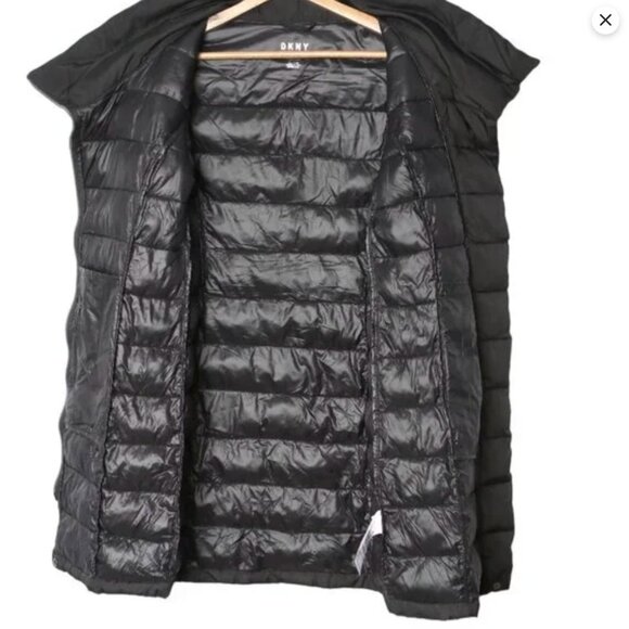 DKNY Asymmetrical Puffer Jacket Packable Winter Coat Hooded Black Pillow Collar - Picture 9 of 16
